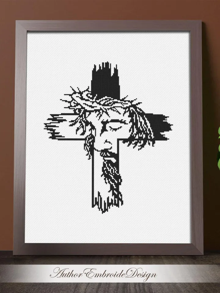 Religious cross with Jesus cross stitch pattern PDF instant download Christian cross stitch chart, Jesus on the cross digital pattern #O21