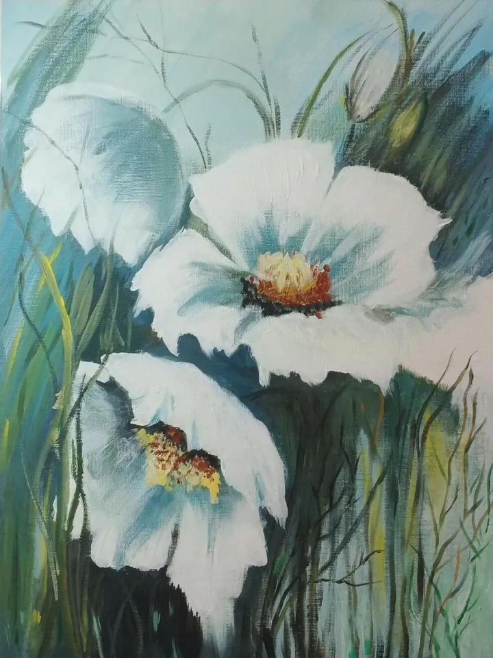 Original flower painting, white flowers, canvas on cardboard. 30*40cm/12*16inc