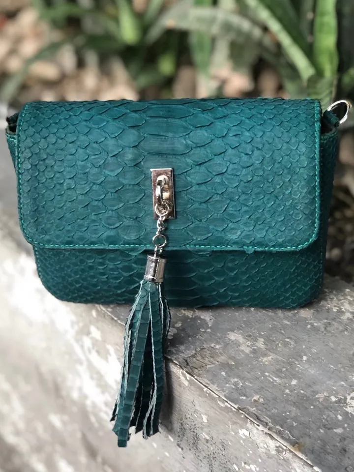 Dark green genuine python skin tassel bag | green chain crossbody bag | Leather designer bag | Exotic skin bag | Small crossbody Bag tassel
