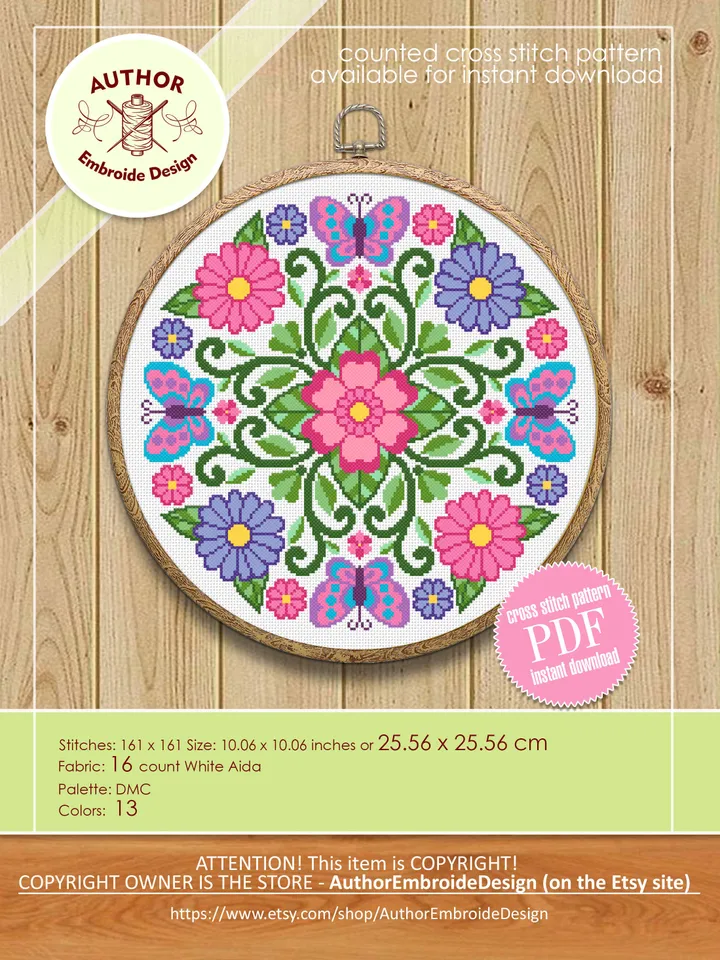 Floral mandala cross stitch pattern PDF download Mandala butterfly cross stitch chart, Summer mandala ornament for hand embroidery PDF #M149