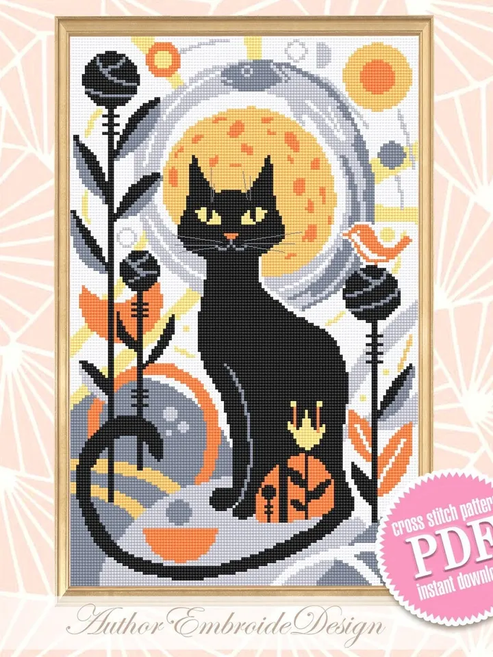 Boho cat cross stitch pattern PDF download Boho cross stitch chart, Abstract pattern digital PDF, Black cat embroidery, Boho wall decor #K21
