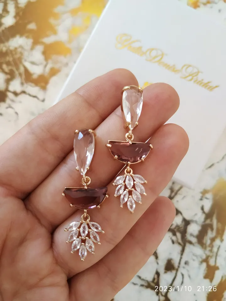 Art Deco Wedding Earrings, Floral Chandelier Statement Earrings, Burgundy Boho Bridal Earrings, Retro Style Gold Jewellery Swarovski Jewelry