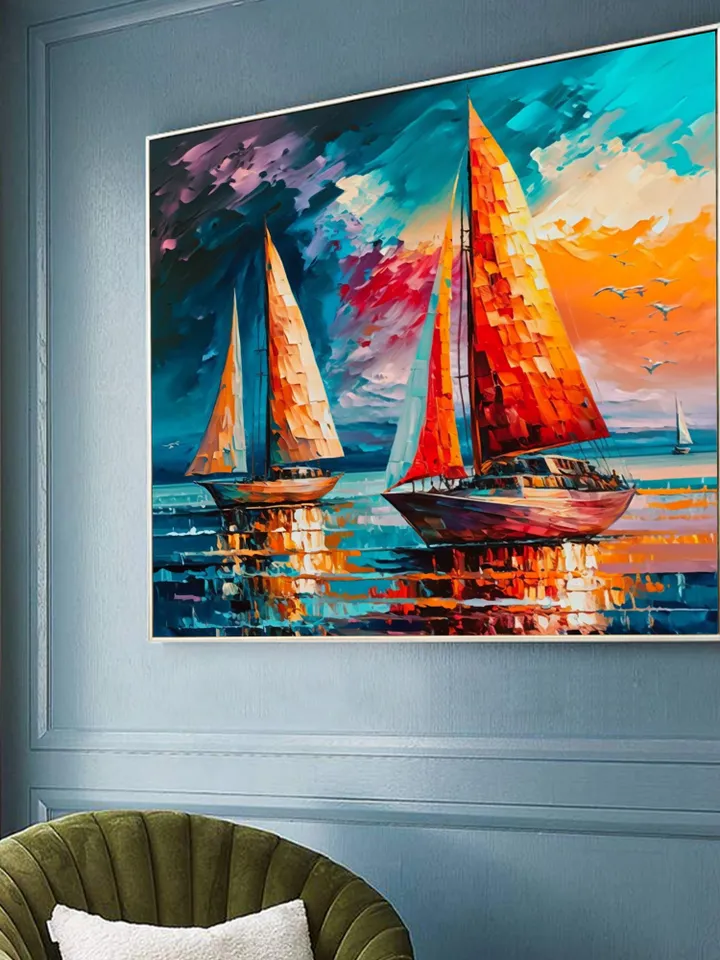 Original Colorful Sailboat Oil Painting on Canvas, Abstract Seascape Acrylic Painting Large Wall Art Custom Painting Living Room Wall Decor