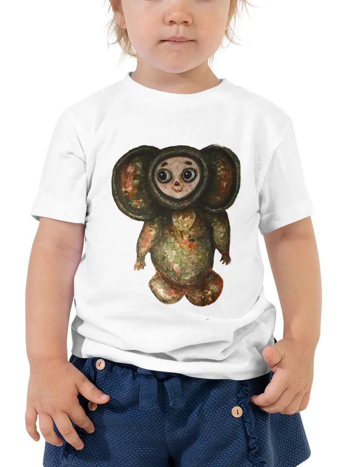 Cheburashka Toddler Short Sleeve Tee made with my original cheburashka painting,kids special gift,unique design handmade toddler shirt