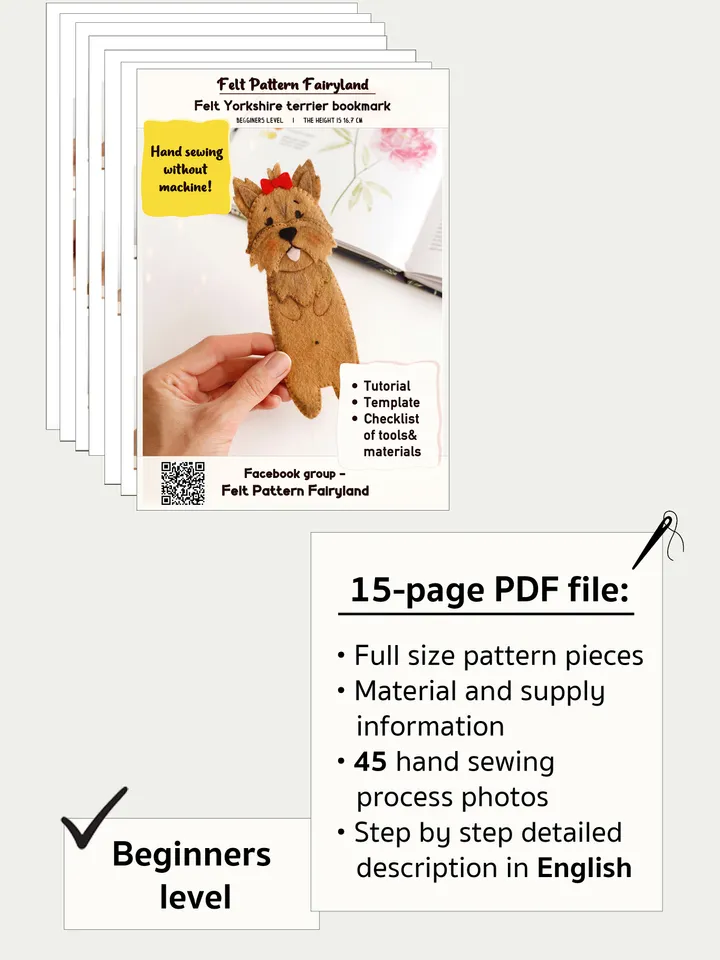 Felt long Yorkshire terrier bookmark hand sewing PDF tutorial with patterns. DIY dog breed bookmark. Book and pets lover gift. Felt school supplies