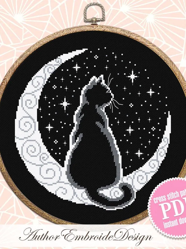 Cat moon cross stitch pattern PDF download Silhouette cat cross stitch chart, Crescent moon pattern digital PDF, Cat lover gift #K52