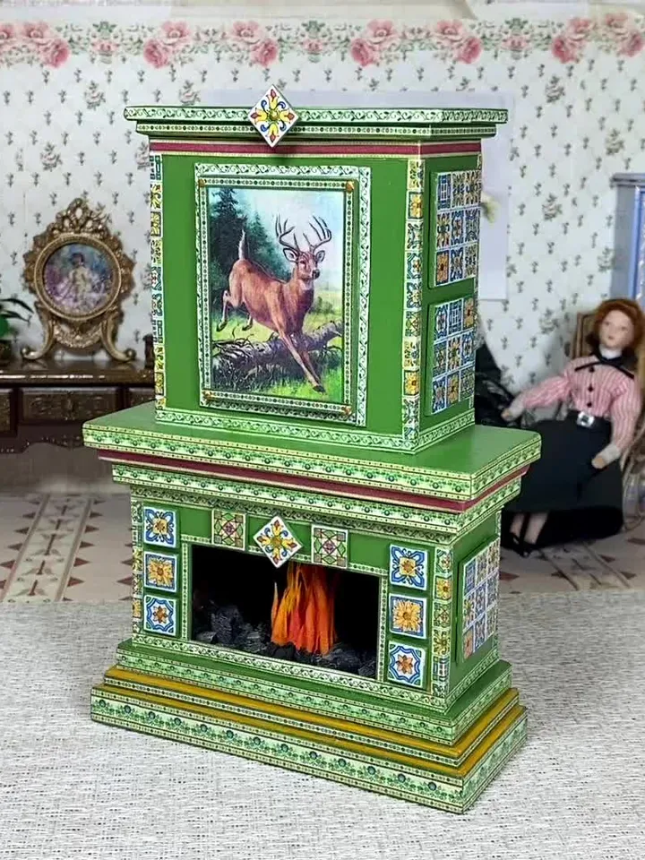 Fireplace with illumination. Dollhouse miniature. 1:12. Doll fireplace. LED candle. Handmade. Author's design.