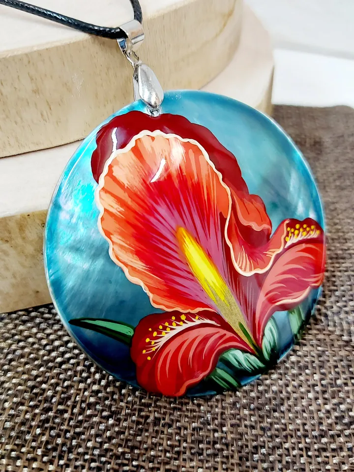 Iris. Flowers of spring. Fans of irises. Hand-painted pendant. Mother-of-pearl. A floral gift. Hand painted miniature painting. Miniature