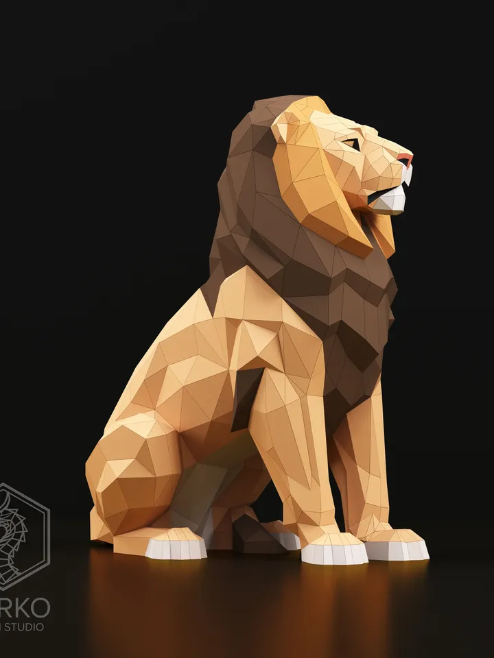 Sitting Lion Papercraft, Cat, Digital Template, PDF Download, Gurko, Low Poly, Pepakura, Origami Sculpture, Paper Party Decoration, DIY Gift