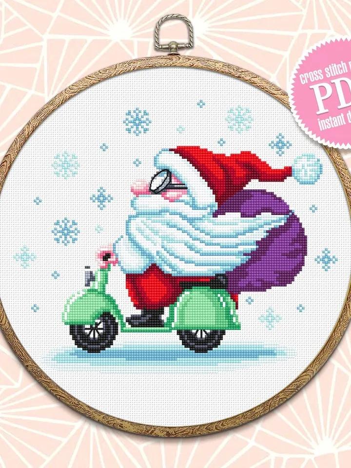 Funny Christmas santa cross stitch pattern download PDF, Santa Claus cross stitch chart, Winter holiday embroidery, Santa on motorbike #N65