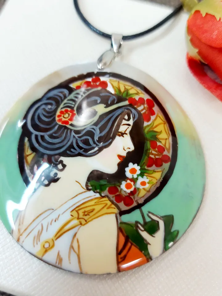 Pearl pendant Necklace: Primrose by Alphonse Mucha painted on mother-of-pearl pendant. Outstanding necklace for Aesthetic girl. Gift for her