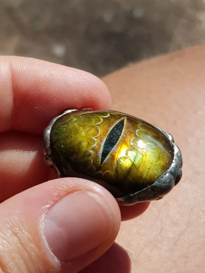 Dragon or snake eye ring Golden Labradorite ring Oil painting miniature on stone
