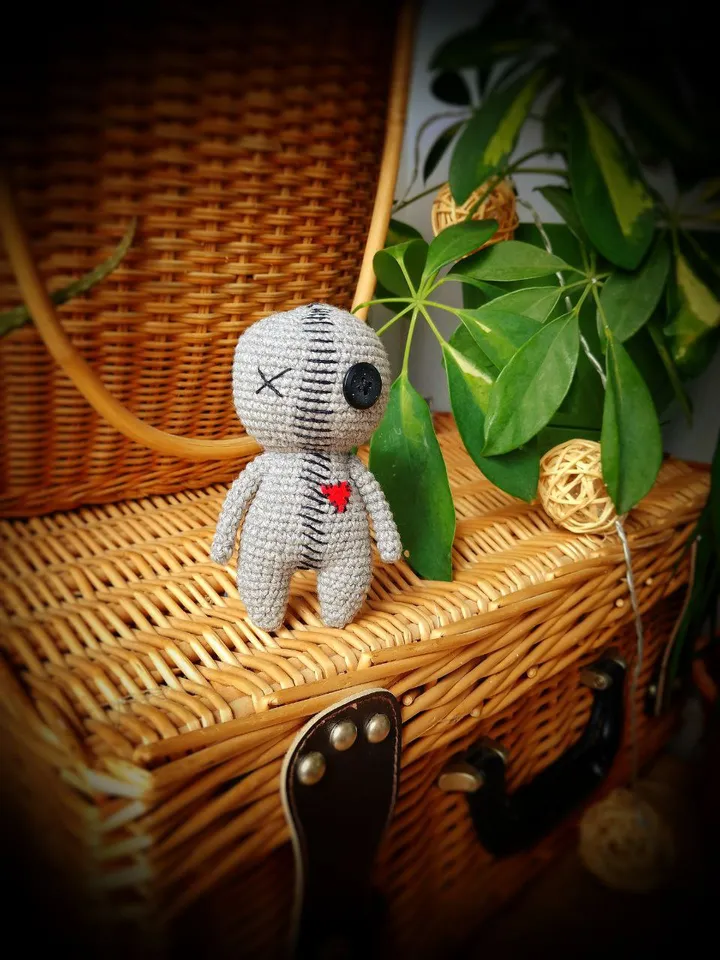 Creepy miniature voodoo doll with heart. Mini doll best gift for Valentine's day. Voodoo Doll Zombie gothic