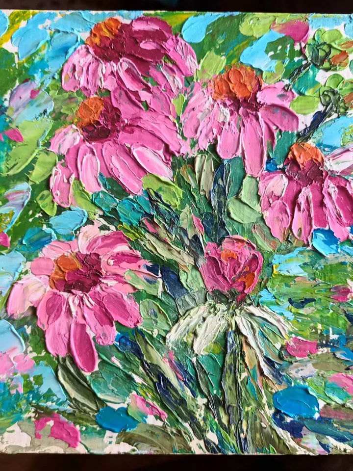 Oil painting bouquet of Echinacea flowers