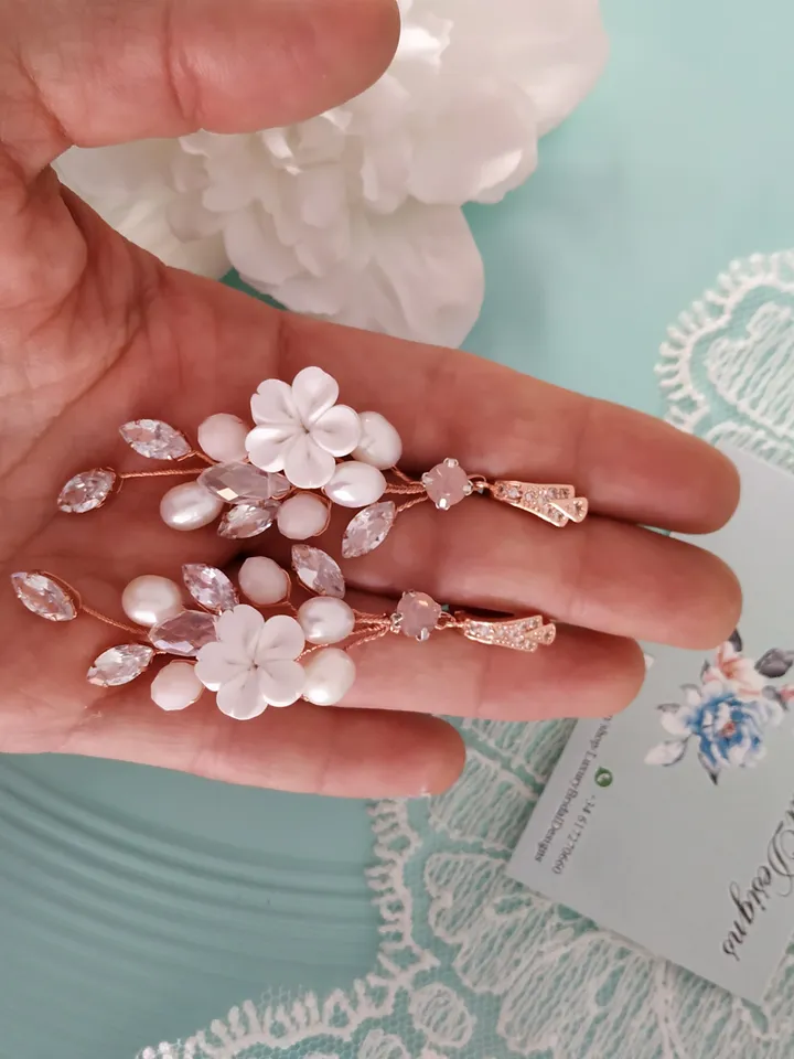 Diamond Rose Gold Wedding Earrings, Chandelier Statement Earrings, Floral Wedding Jewelry, Boho Wedding Earrings, Boho Bridal Earrings