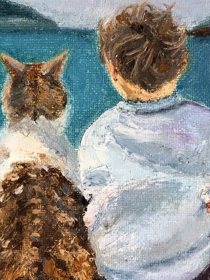 Baby and cat original oil modern painting wall art 6x8 inches