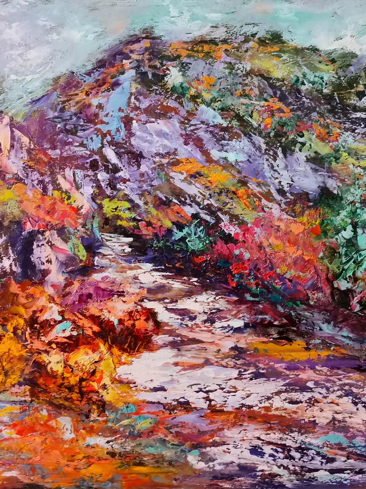 Trees Mountains Path Trail Original Art Oil Painting Abstract Artist Svinar Oksana