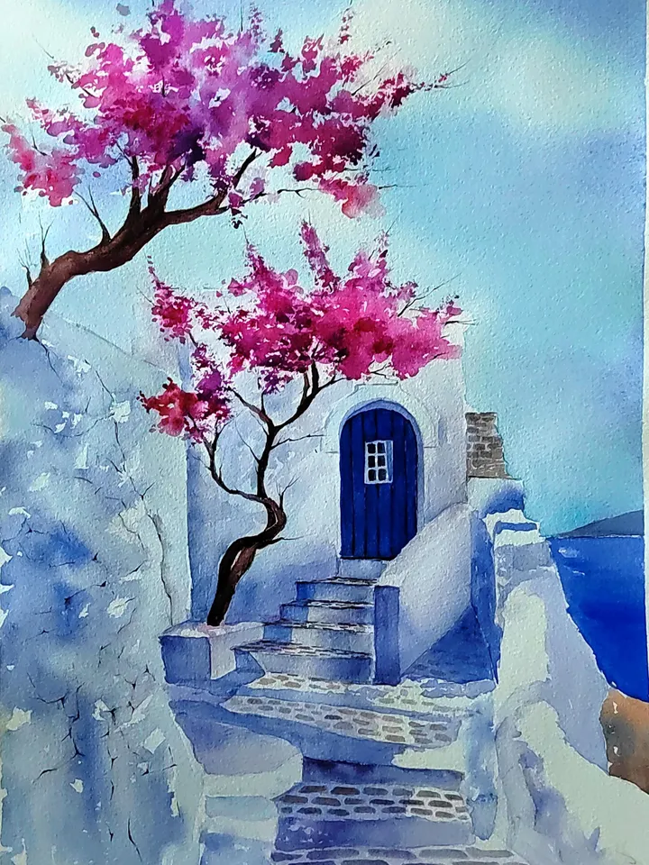 Santorini Painting Original Watercolor Art 11.81x15.74 in by ArtCafe