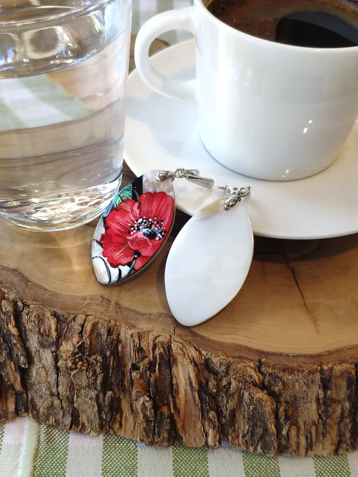 Pearl earrings: Red poppies on shell earrings. Aesthetic handmade floral design. Hand painted stylish jewelry gift with big red flower.