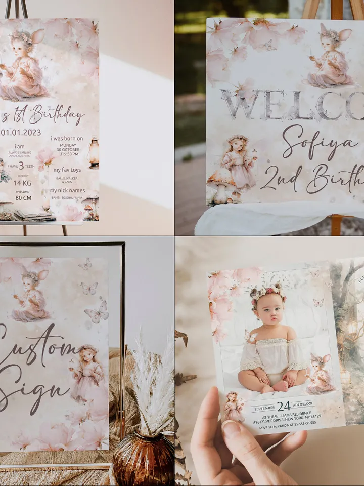 DIY Fairy Girl Magical Birthday Bundle; Editable 1st Birthday Party Template Enchanted Birthday Party Cute Magical Pixie Birthday Party fa12