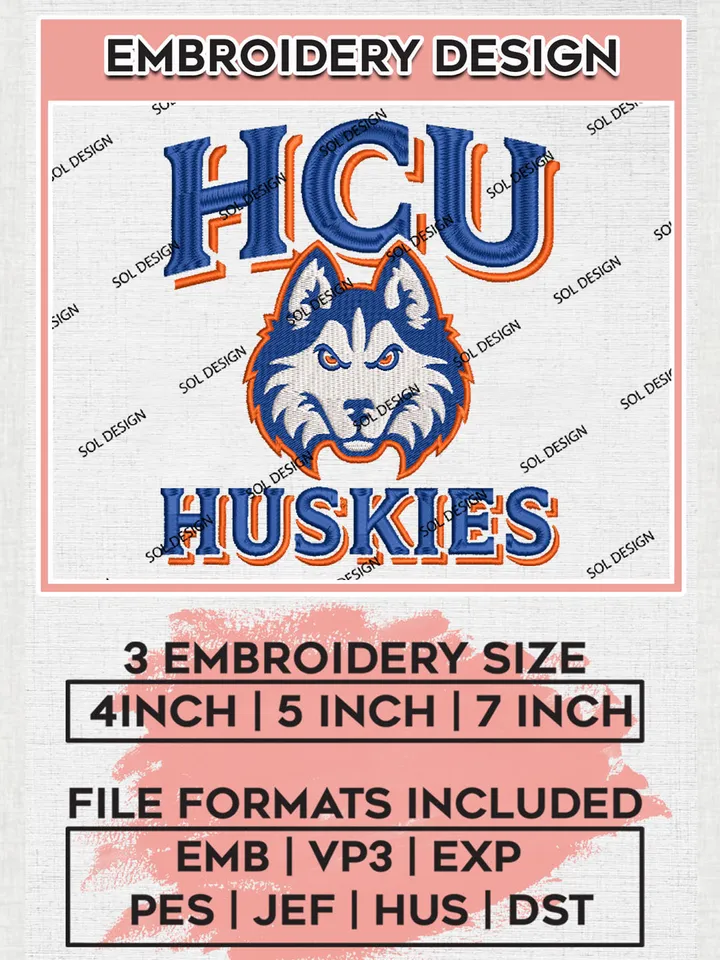 HCU Huskies Team Mascot Logo Embroidery Design Files, NCAA Houston Christian Huskies Machine Embroidery, NCAA Teams, 3 sizes, NCAA Machine embroidery designs, Digital Download