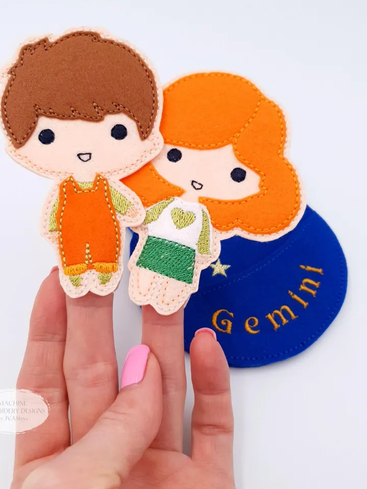 ITH Gemini Twins Finger Puppets & Bag Embroidery Design, Zodiac Star Sign Toy Set, 4x4 Hoop Christmas Ornament