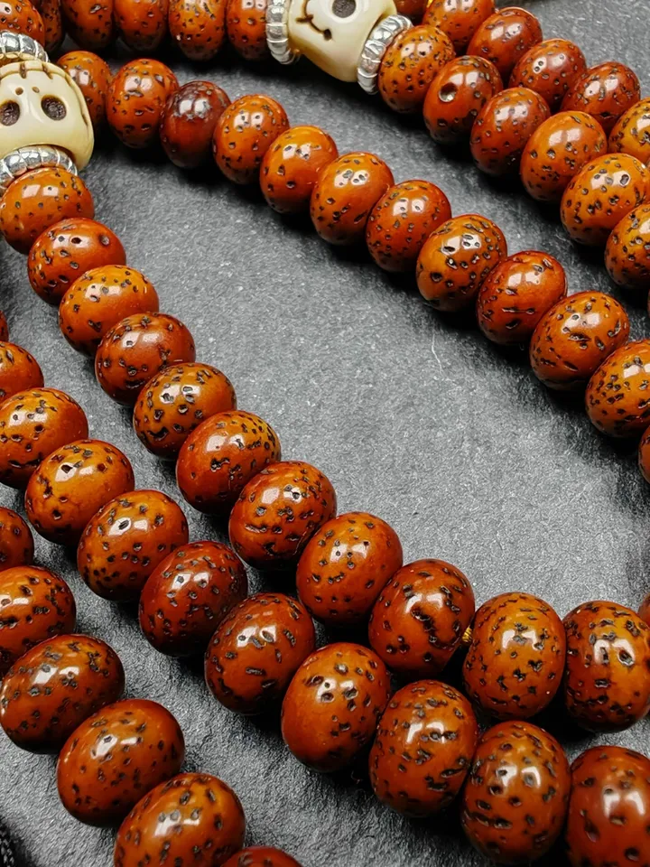 Gandhanra Authentic Tibetan Rosary, Old 7.8mm 108 Lotus Seed Mala Necklace - Handcrafted Tibetan Prayer Beads with Unique Mix of Treasures