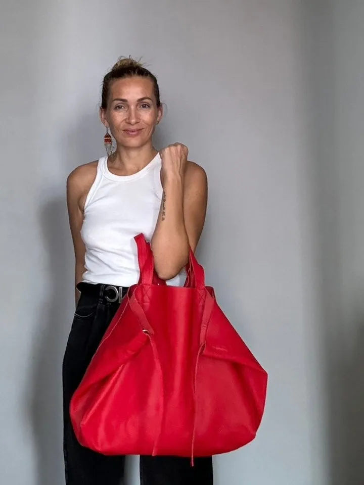 Genuine leather red oversize tote shopper triple handle big bag / everyday purse / handmade bags / designer bags / summer bag /