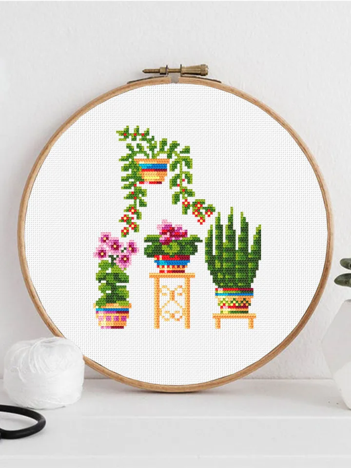 Home plants cross stitch pattern download PDF, Floral cross stitch chart, Small embroidery beginner, Potted plants digital pattern PDF #P6