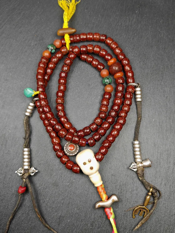 Authentic Tibetan Rudraksha Mala Necklace,Old 8mm 108  Prayer Beads,with Unique Mix of Treasures,Tibetan  Rosary,Spiritual Gift