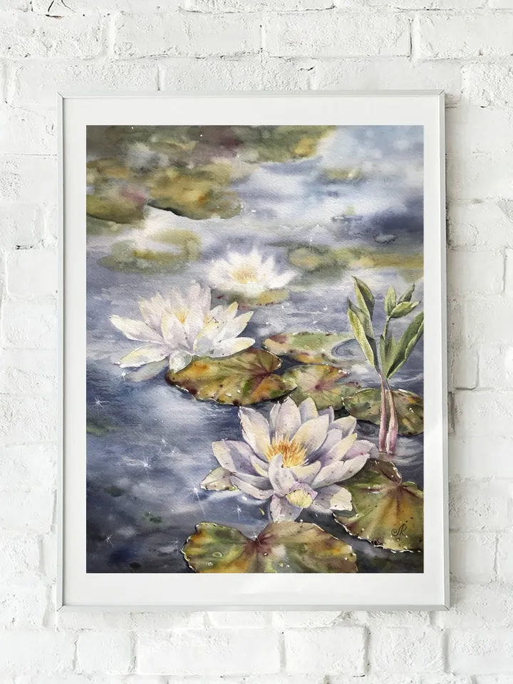Lotus Watercolor Painting Water Lilies Art Print Lotus Artwork Lotus Pond Wall Art