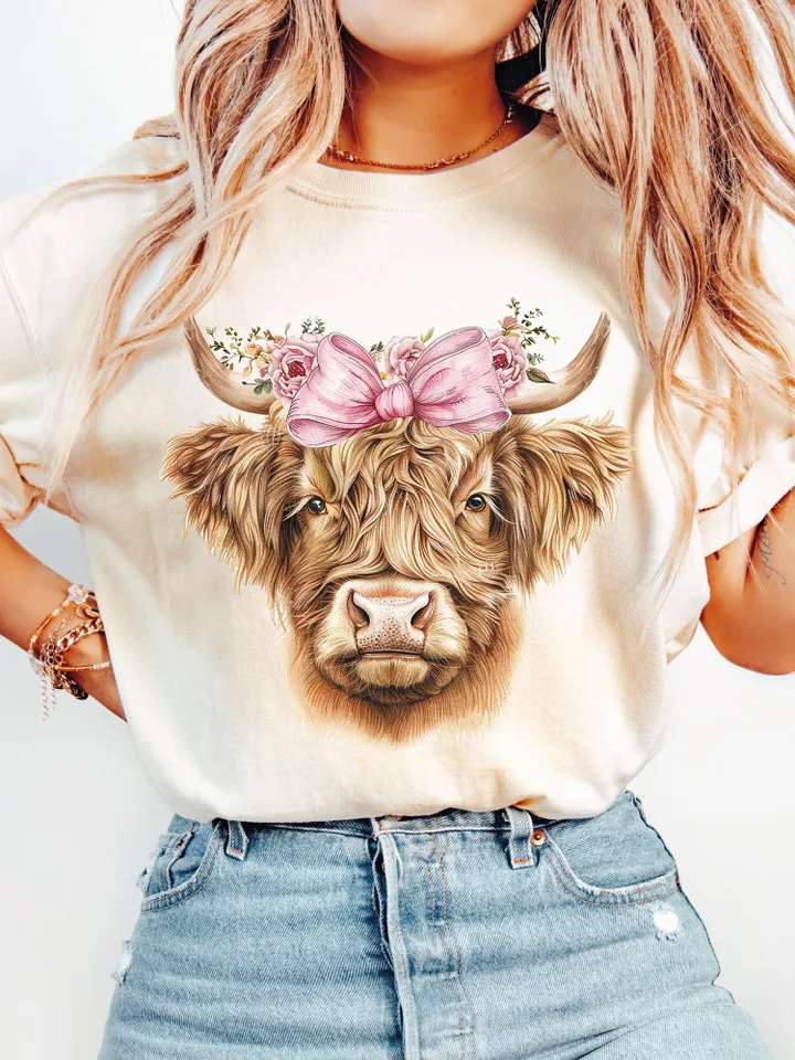 Highland cow png coquette bow png soft girl era aesthetic png highland cow clipart coquette shirt design retro mama png sublimation design