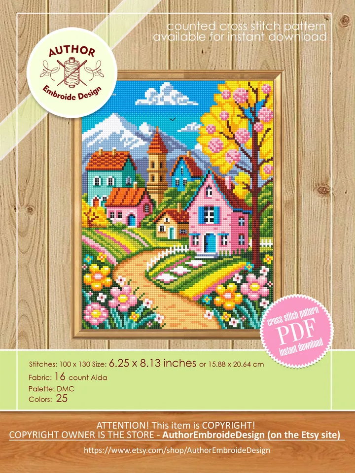 Spring houses cross stitch pattern PDF download Nature landscape cross stitch chart, Flower village pattern digital PDF, Home decor #L18