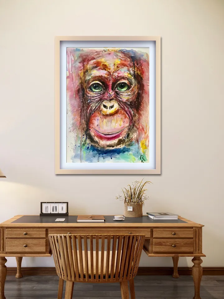 Funny Monkey original painting,watercolour mix media fantasy painting ,chimpanzee painting,animals original artwork,monkey wall art