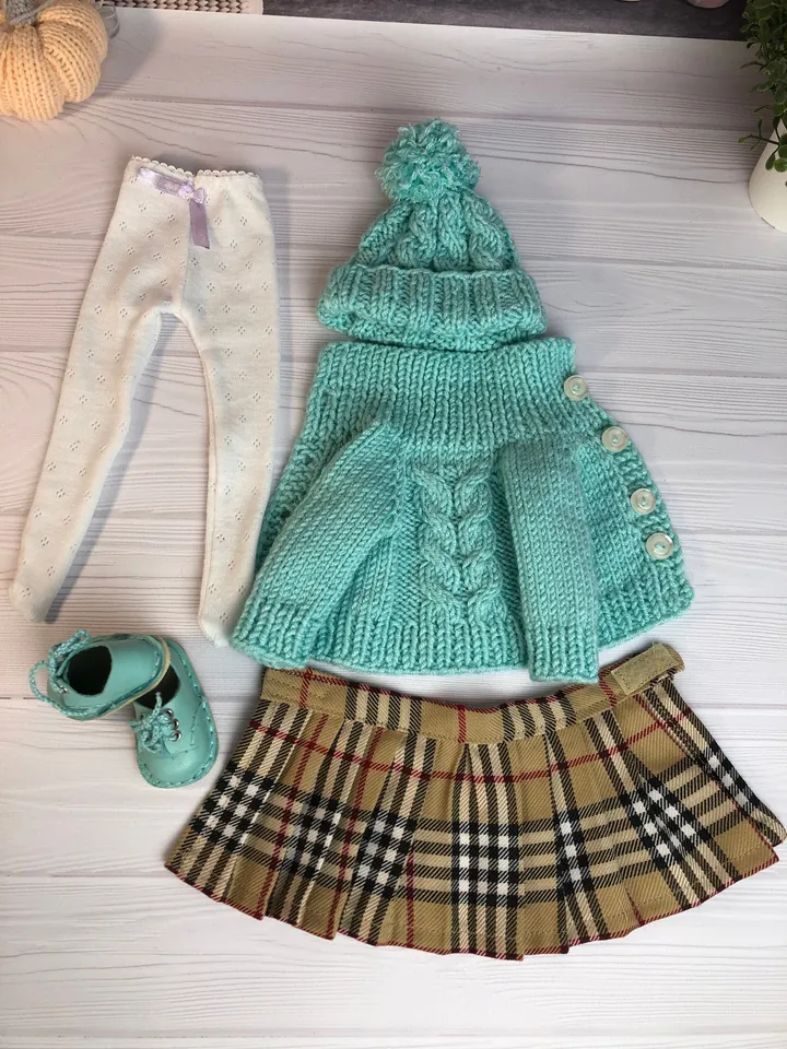 Paola Reina Doll 5 ITEMS Set: Exclusive Handmade Outfit - Sweater, Skirt, Tights, Shoes, Hat with braid