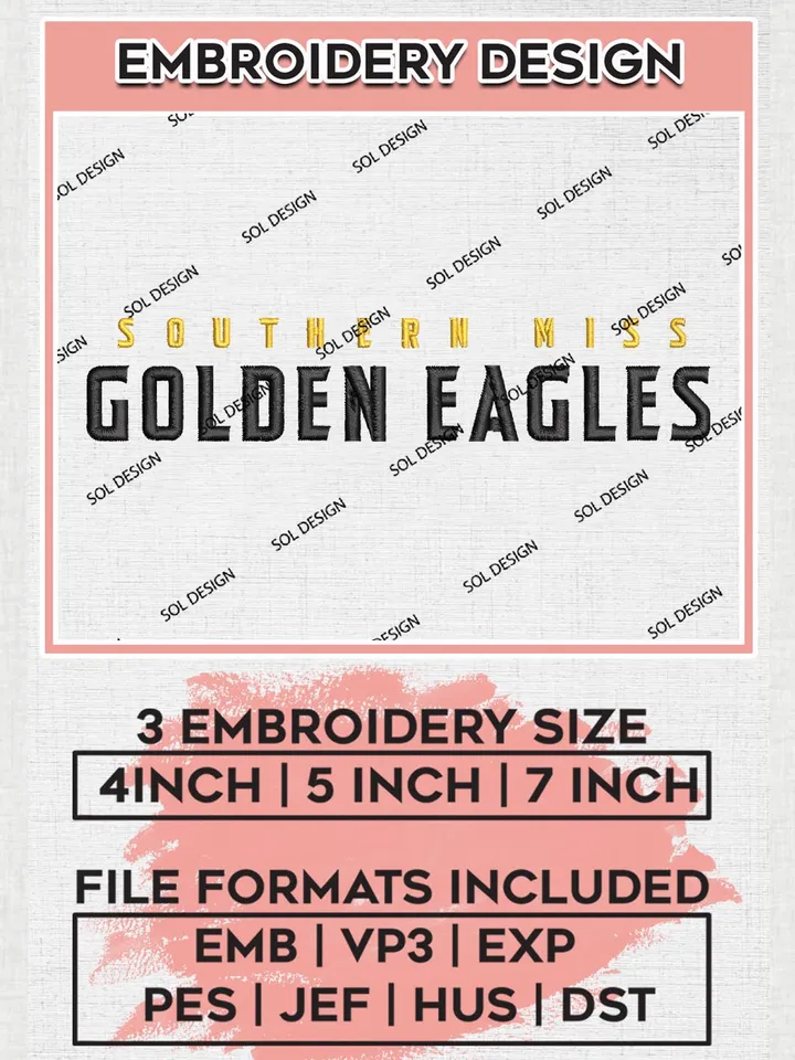 NCAA Southern Miss Golden Eagles Team Wordmark Logo Embroidery Design Files, NCAA Southern Miss Golden Eagles Machine Embroidery, NCAA Teams, 3 sizes, NCAA Machine embroidery designs, Digital Download