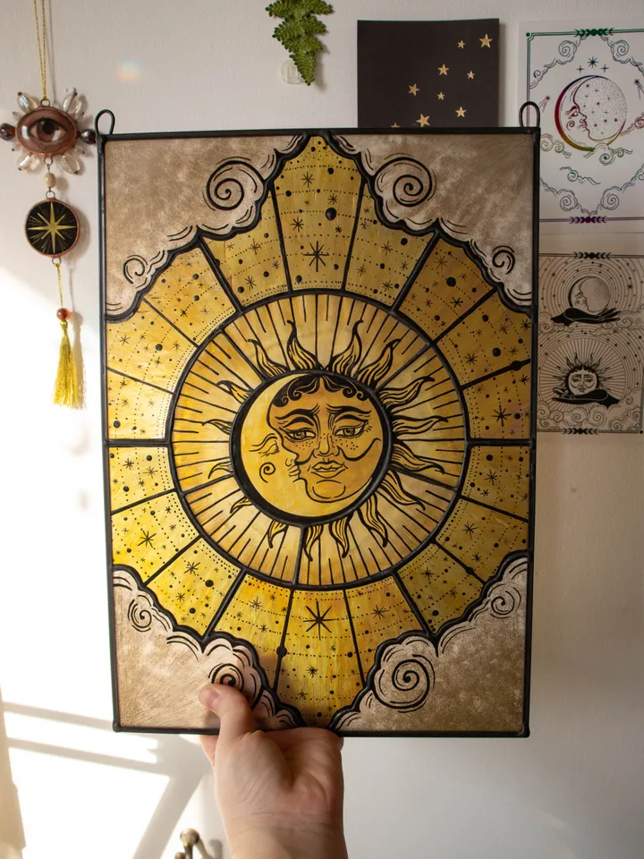 Stained glass panel, Celestial home decor, Star Art, Moon Tarot Art