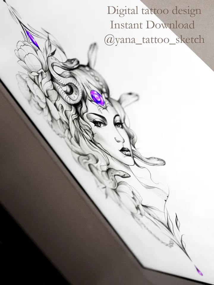 Medusa Tattoo Design Gorgon Medusa Tattoo Idea Stencil Sketch Female, Instant download PDF, JPG