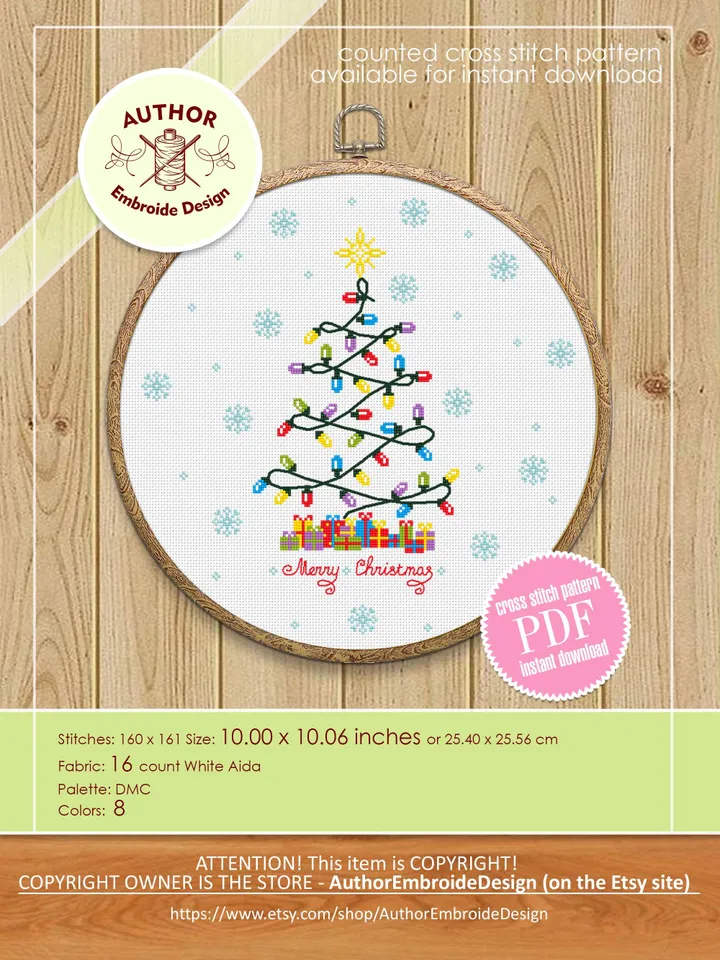 Christmas tree lights cross stitch pattern PDF download Xmas cross stitch chart, Merry Christmas pattern digital PDF, Christmas decor #N153