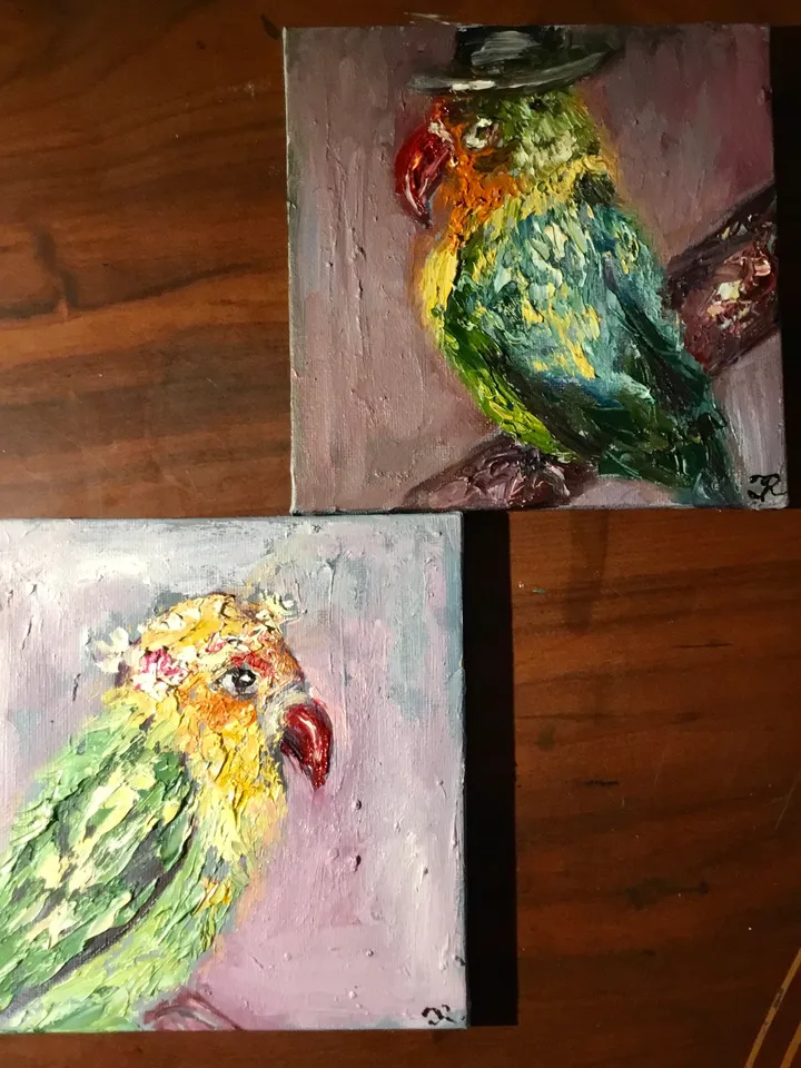 Couple of love birds diptych, parrots painting ,original oil impasto painting, small gift, wedding gift,exotic colourful birds painting.