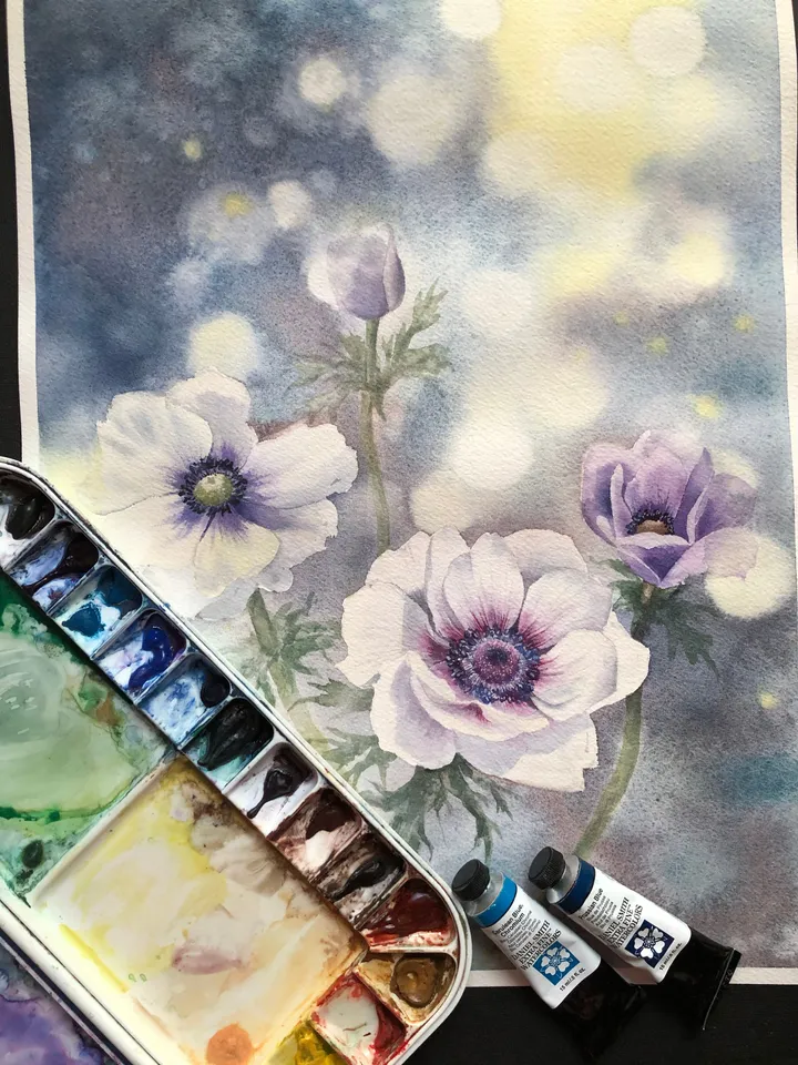 Flowers Original Watercolor Painting Wall Art Anemones Painting