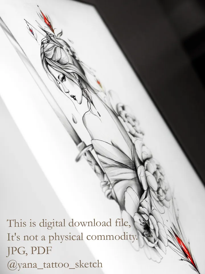 Female Samurai Tattoo Design Girl Samurai Tattoo Stencil Idea Sketch, Instant download PDF, JPG