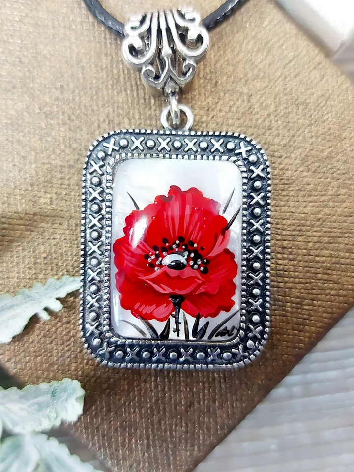 Pearl pendant necklace: Square pendant with big red poppy flower painted on shell • handmade Russian jewelry • unique trendy necklaces