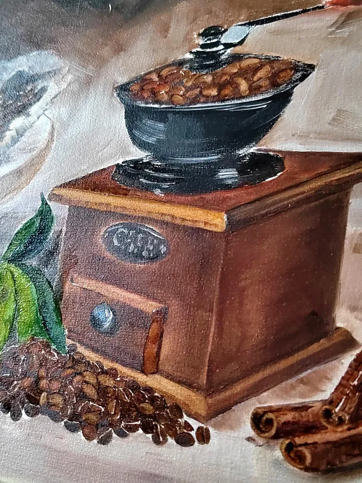 Manual Coffee Mill & Coffee Beans Artwork Original Oil Painting 10.63x15.35 in by ArtCafe