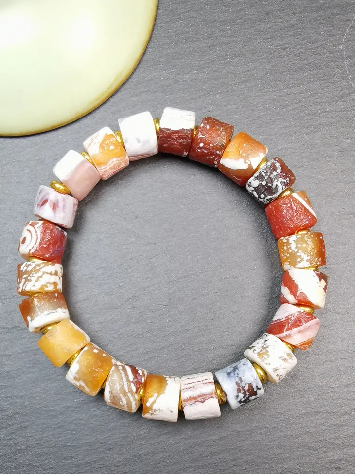 Gandhanra Tibetan Sugar Agate Beads Wrist Mala, Unique 11mm Cylinder Carnelian Bracelet