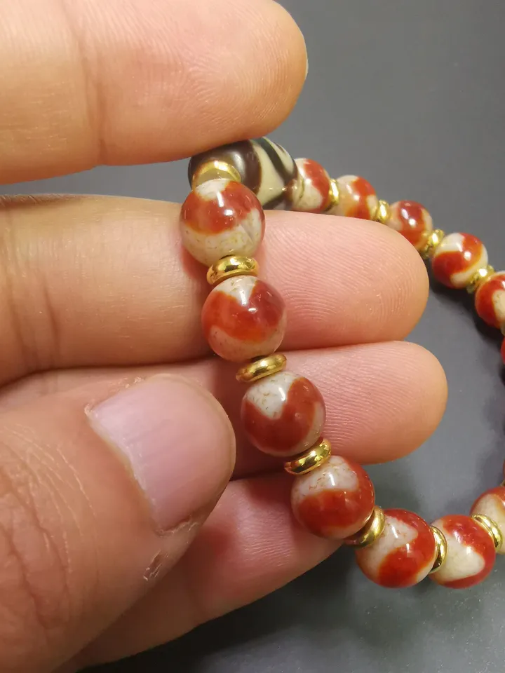 Gandhanra Tibetan Dzi Bead Bracelet,Fire Agate 3 Eyes Dzi Bead Bracelet,Protective Amulet Bead Jewelry