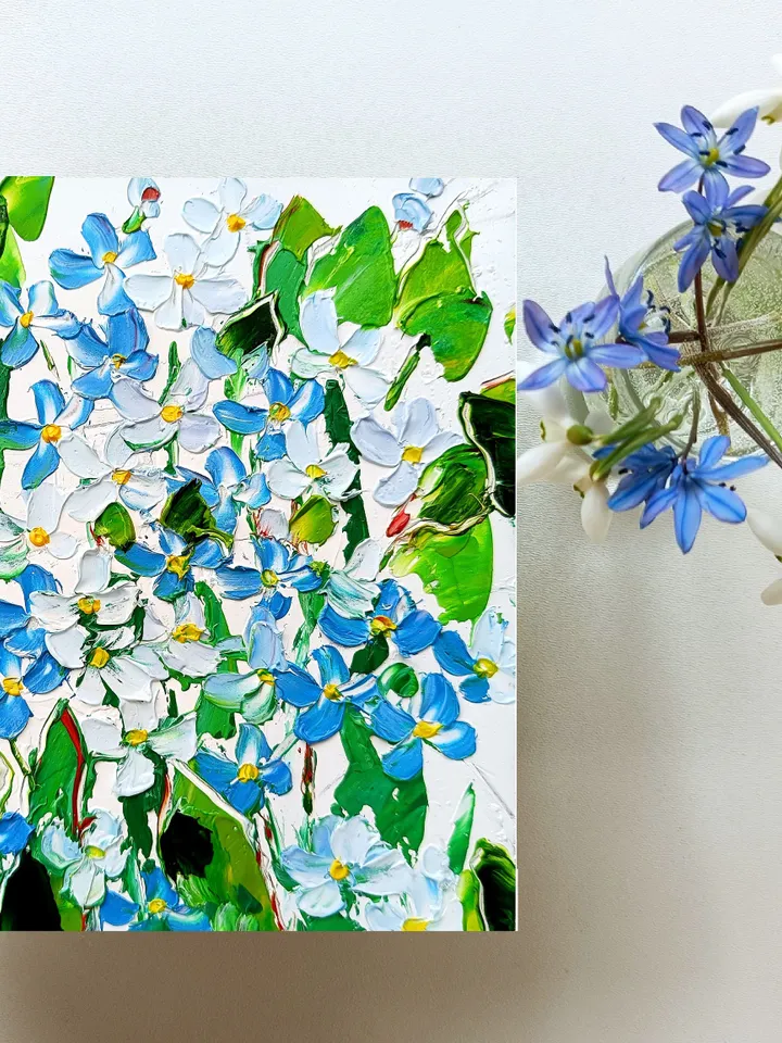 Blue Flowers Oil Painting Spring Forget-me-nots Original Art Botanical Impasto Art Home Neutral Decor Mother's Day Gift by ArtProkopaloSv