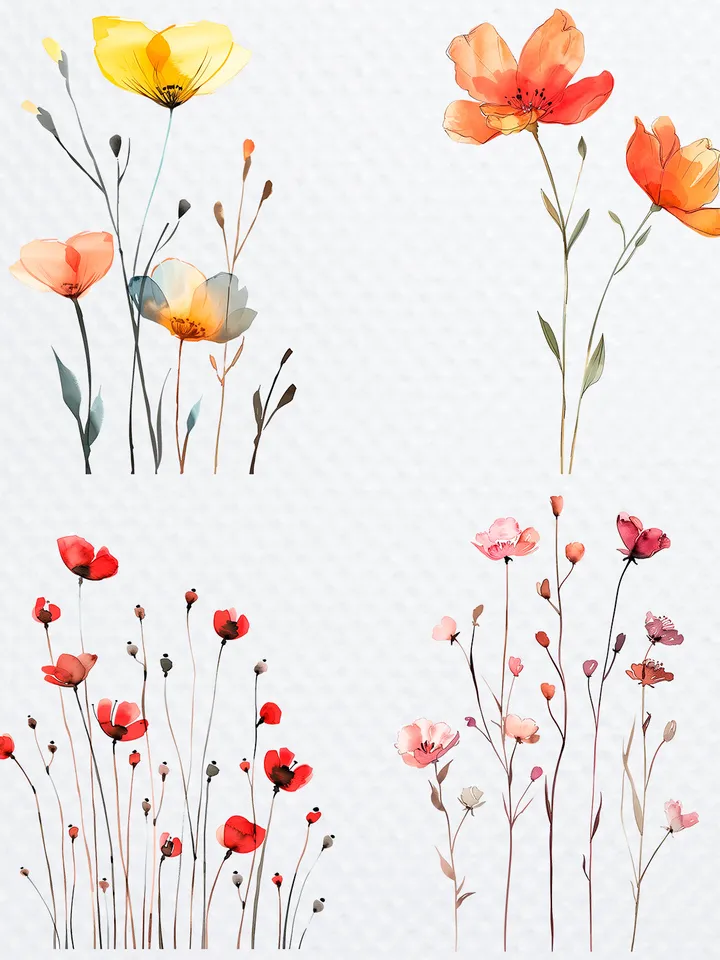 28 Minimalistic Flowers PNG Clipart, Watercolor Flowers sublimation print, Printable Wildflowers clipart, Paper craft, junk journals