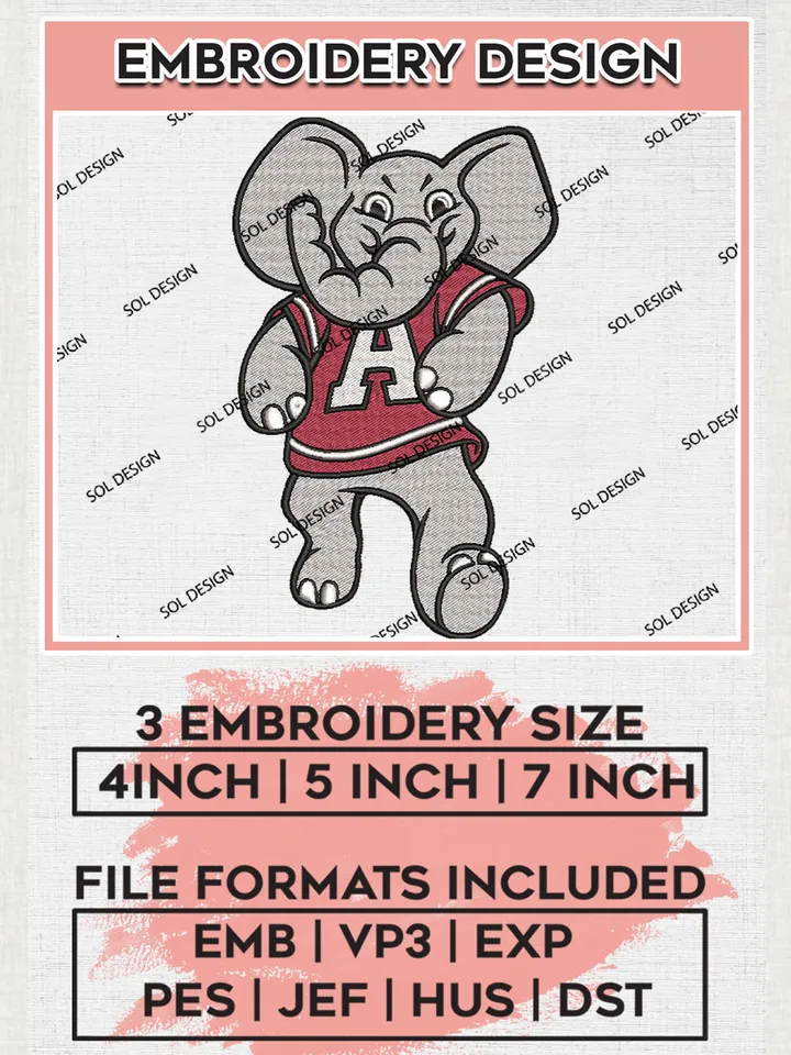 Alabama Crimson Tide NCAA Team Mascot Logo Embroidery Design Files, NCAA Alabama Crimson Tide Machine Embroidery, NCAA Teams, 3 sizes, NCAA Machine embroidery designs, Digital Download