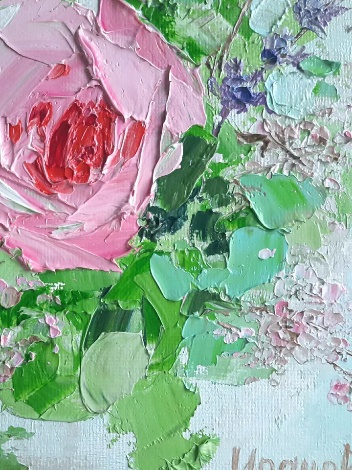 Pink Roses Original Oil Painting Flowers Impasto Floral Artwork